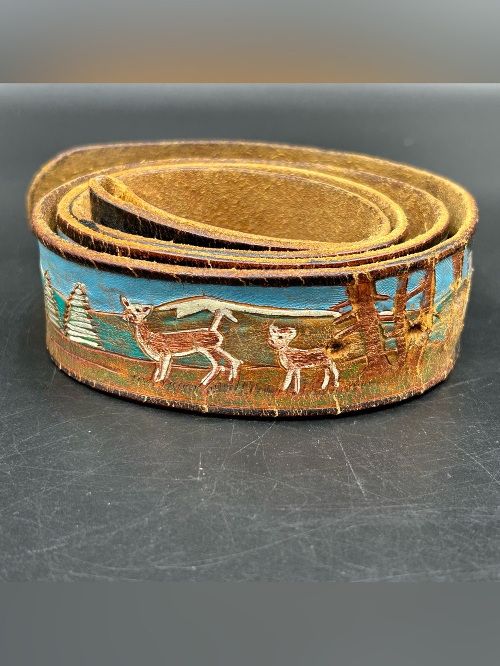 Hand-Painted Leather Belt with Deer Scene - Brown/Turquoise